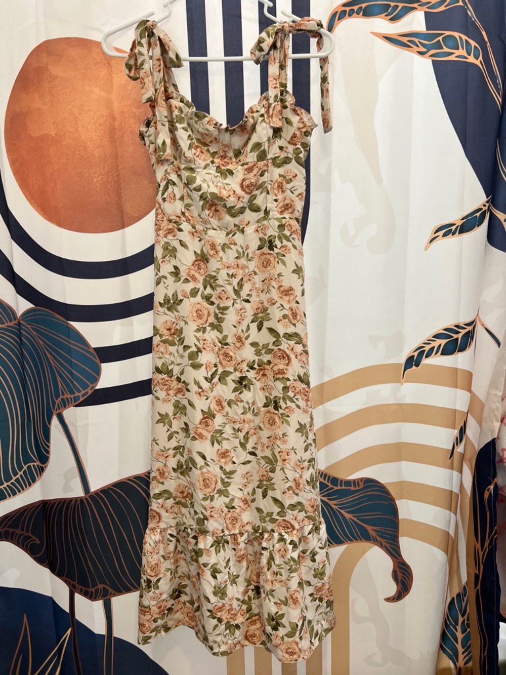 Floral Tie-Shoulder Midi Dress in Cream and Rose